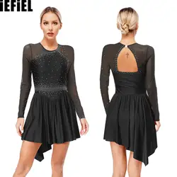 Womens Figure Skating Dress Glittery Rhinestones Sheer Mesh Patchwork Asymmetrical Hem Dress for Performance