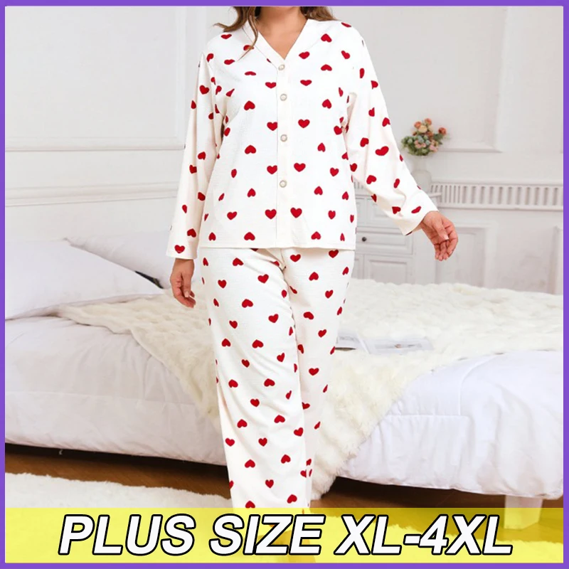 

Spring and Autumn Plus Size Pajama Sets 3XL 4XL Large Size Heart-shaped Printed Home Clothing Set Women's Loose Casual Clothes