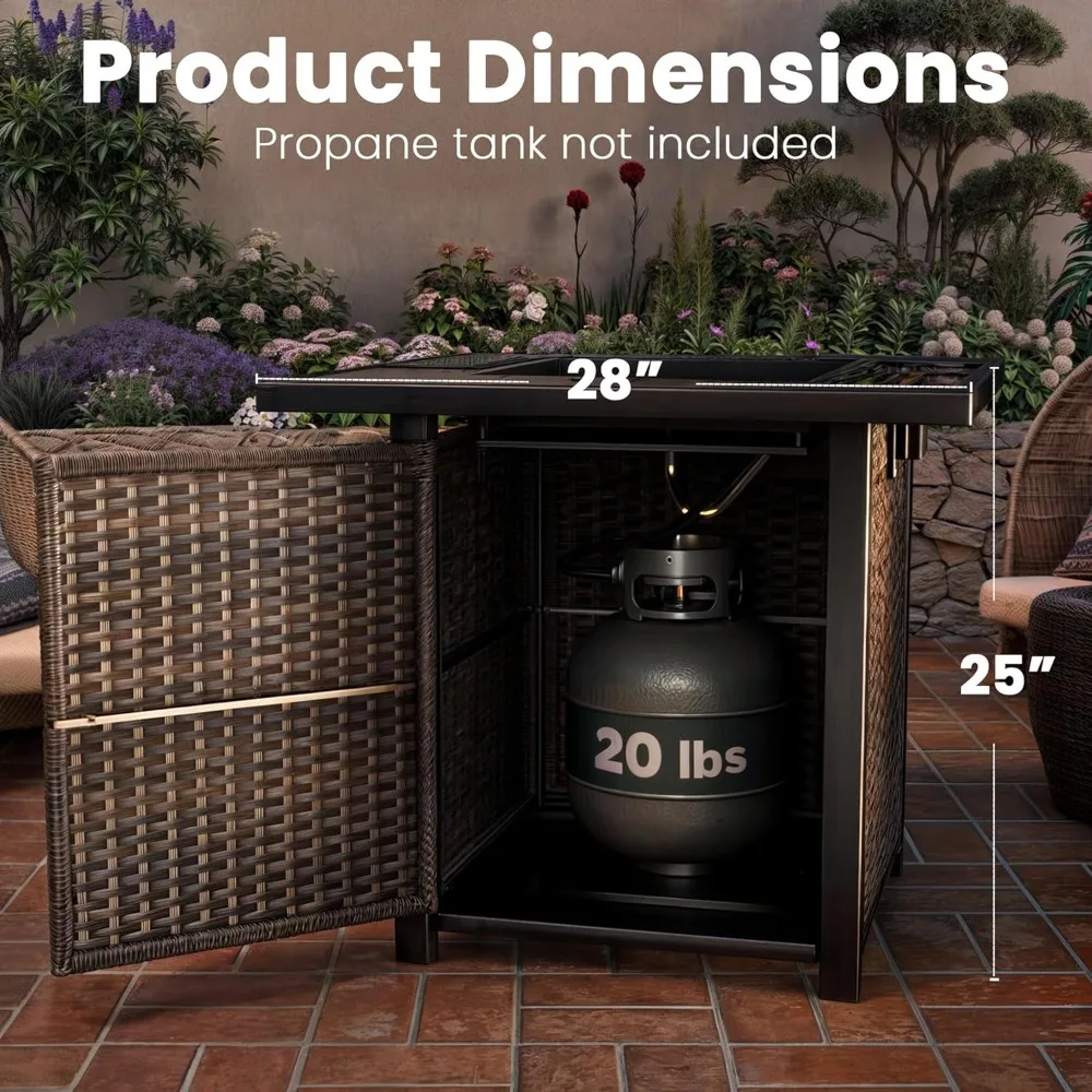 Outdoor Gas Fire Pit Table with 28 Square Rattan Design, Glass Wind Guard, and Tempered Glass Top