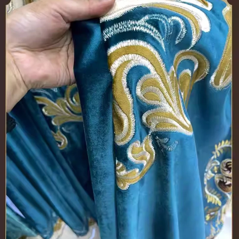 Luxurious European-style Living Room with Atmospheric Blue Velvet Embroidery Stitching and High-end Bedroom Balcony Custom Size