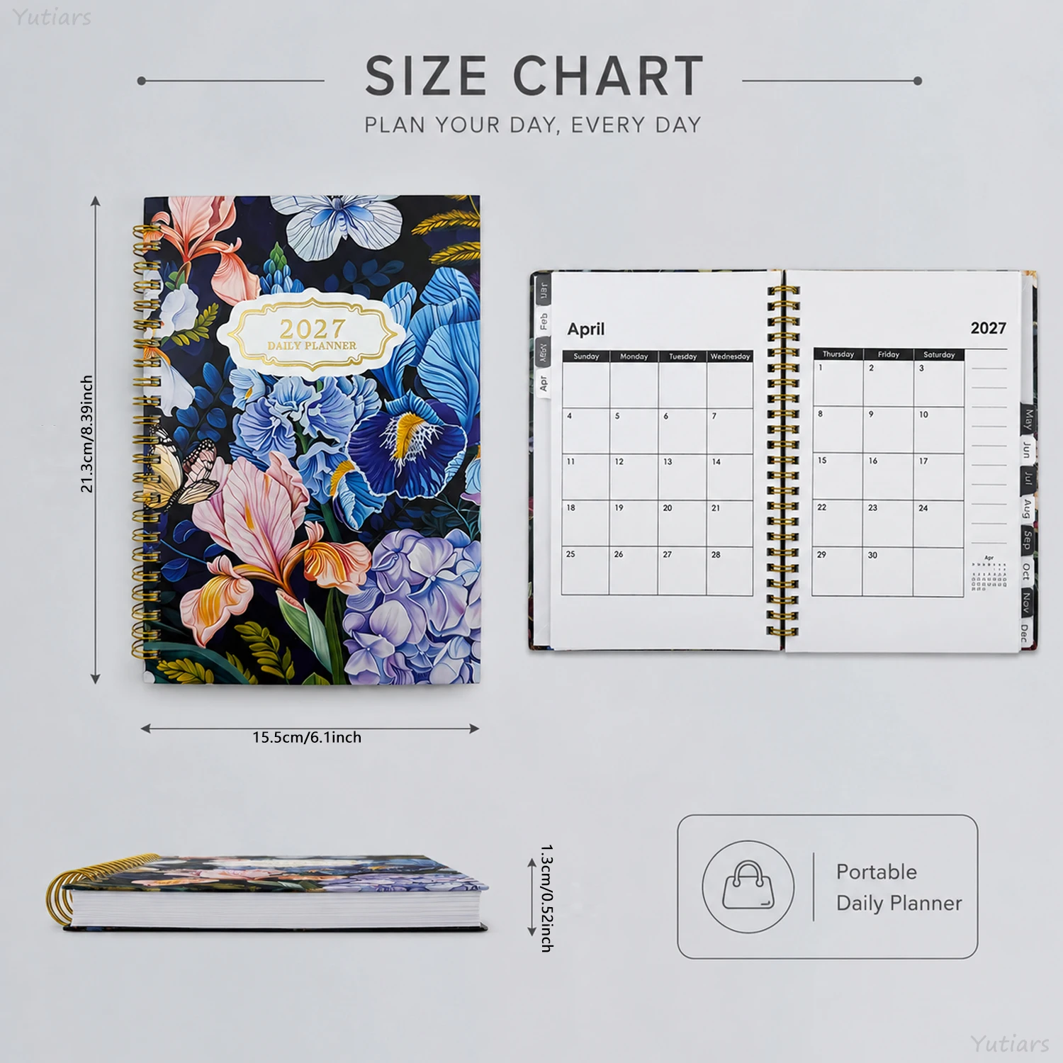 Gold Foil Decor 2027 Coiled Planner, 4-Pattern Art Journal with Month Index Tabs for Office School Use & Gift Collection