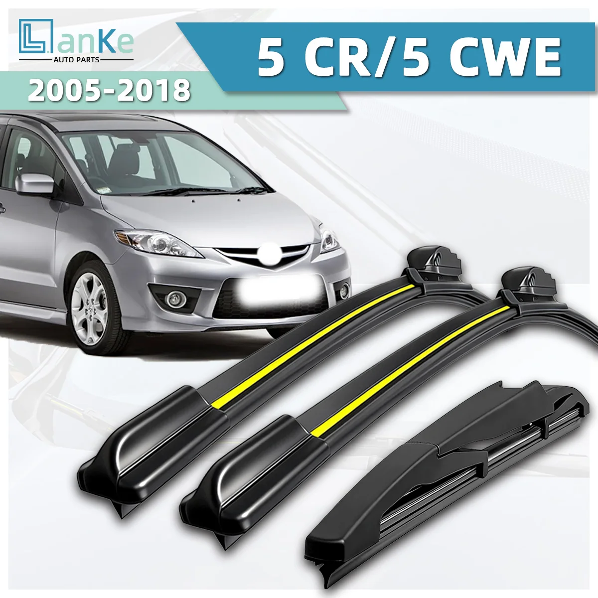 Limpador de Para-brisa Lanke para Mazda 5 CR/5 CWE (2005-2018) com Lâmina de Borracha Natural, Sem Estrutura, Silencioso, Peça Automotiva