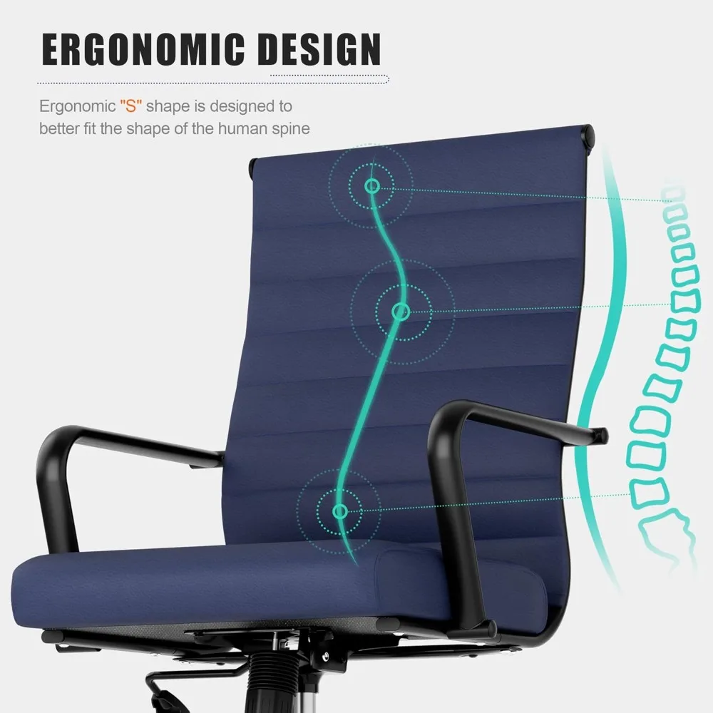 sedia da ufficio ergonomica in pelle blu dal design a coste, girevole regolabile in altezza per sale esecutive e conferenze