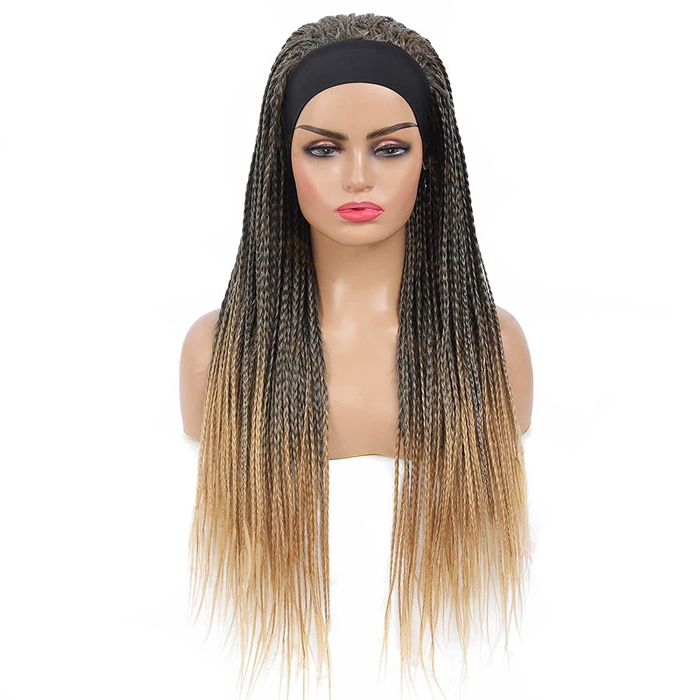 Ombre Headband Braided Synthetic Wigs for Women Mix Blonde Box Braids Wig with Head Band Wig Dark Brown Knotless Long Brown Wigs