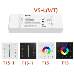 V5-L(WT) Tuya App 5CH*6A DC12-48V WiFi & RF 5 in 1 Led Controller T15/T15-1 AC100-240V 4Zones RGBW+CCT Strip Remote Controller