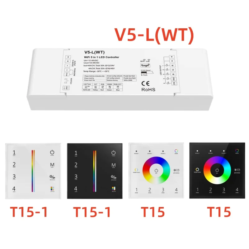 V5-L(WT) Tuya App 5CH*6A DC12-48V WiFi & RF 5 in 1 Led Controller T15/T15-1 AC100-240V 4Zones RGBW+CCT Strip Remote Controller