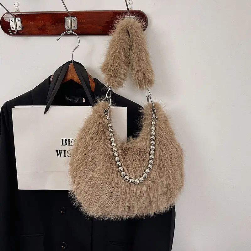 Chic Plush Fluffy Shoulder Bag for Women - Pearl & Chain Mini Purse Elegant Casual Soft Handbag