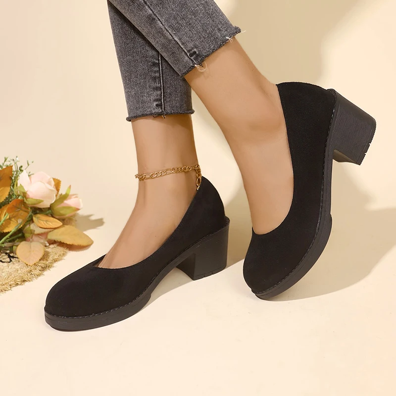 

High Quality Spring and Autumn Women's Shoes Fashionable Round Toe Shallow Mouth Medium Heel Suede Slip-On Women's High Heels