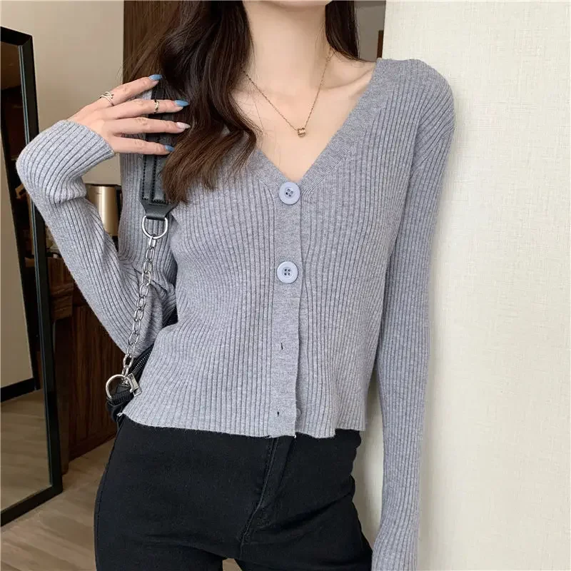

Woman Sweaters Cardigan V-neck Knitted Cardigan Sweater Coat Women's Autumn Outer Wear White Long-Sleeved Top Sueters De Mujer