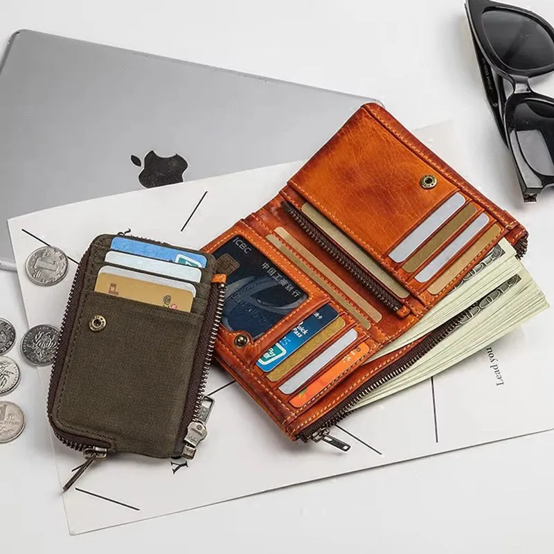 AETOO Men's short leather wallet, retro zipper coin purse, vertical leather men's wallet