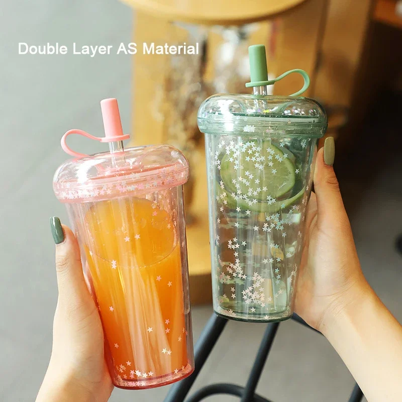 Ins Bubble Tea Cup Portable Tumbler with Straw Plastic Coffee Cups with Lid Transparent Water Bottle