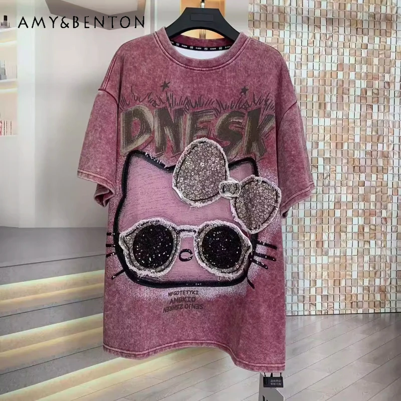 

Trendy Brand Autumn New Embroidered Sunglasses Cute Kawaii Clothes Tees Fashion Cartoon Oversize Loose Short Sleeves T-shirt Top