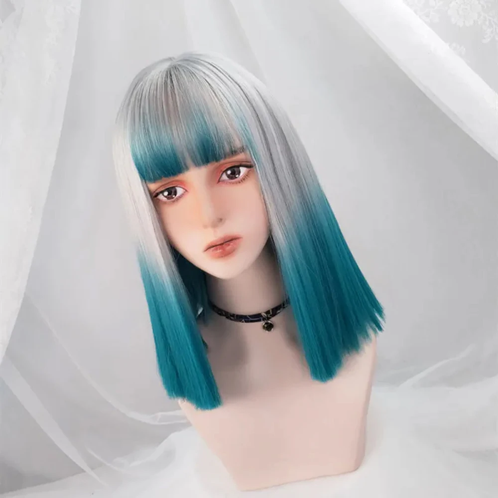 شعر مستعار اصطناعي مستقيم مع الانفجارات للنساء ، شعر مستعار لوليتا تأثيري ، أومبير ، رمادي ، أزرق ، متوسط الطول ، حفلة يومية #4