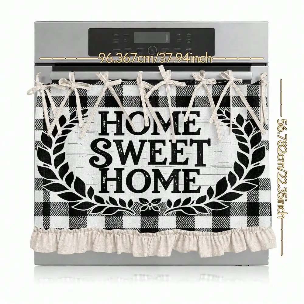2D Buffalo Plaid Home Sweet Home Wreath Print Ruffled Tie Multi-Functional Decorative Curtain, Fits Kitchen Skirt, Oven Cover, Washing, Dishwasher, Bathroom Window Treatment, And Kitchen Decor, Halloween Kitchen Apron
