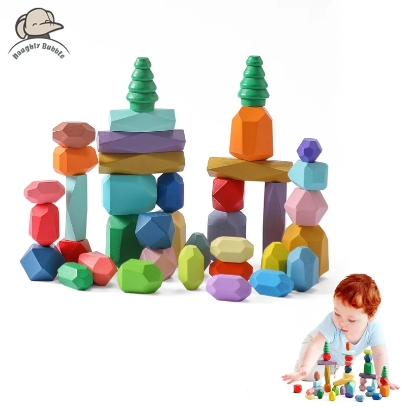 Wooden Rainbow Stones Building Blocks Colorful Wood Toy Block Stacker Balancing Games Montessori Educational Toys for Children