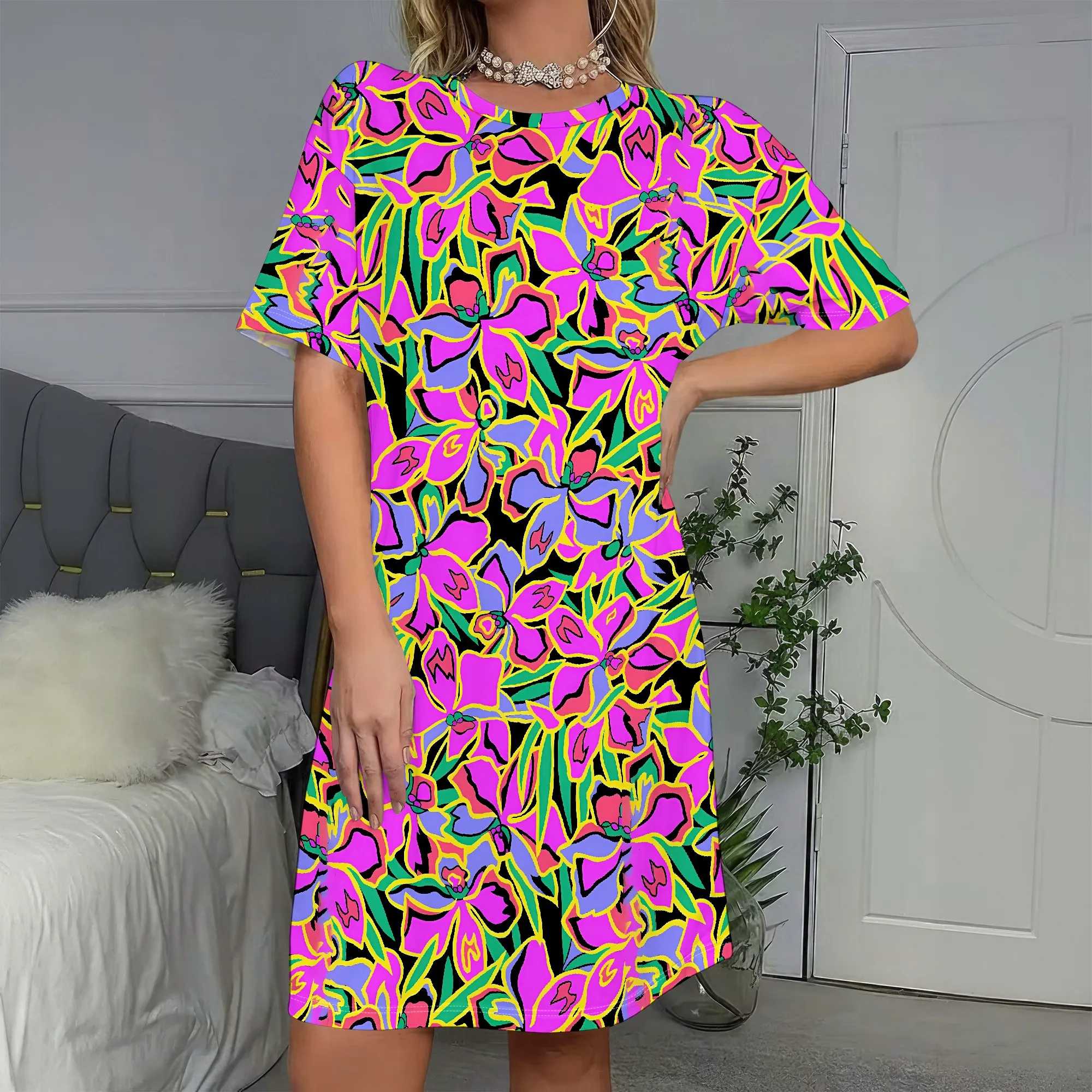 

Neon Floral, Short Sleeve Dress, Vibrant Print, Boho Style, Colorful Pattern, Party Wear, Beach Outfit, Casual Look, S-2XL