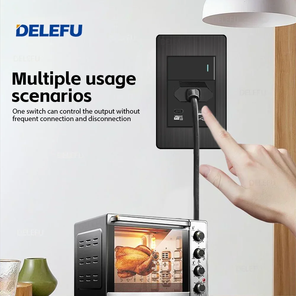 DELEFU Stainless Steel Black Panel Thai Switch Socket Computer USB Type C Wall Power Socket