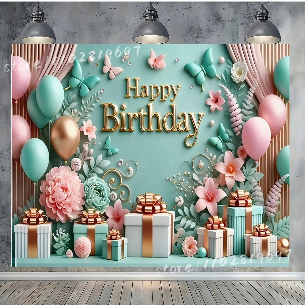 Elegant Teal Birthday Party Vinyl Backdrop with Balloons Flowers Butterflies Gifts Background Chic Celebration Photo Decorations