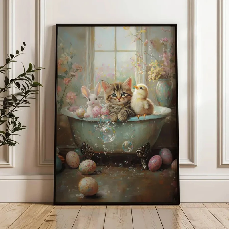 

Пасхальный плакат с котенком табби, кроликом и цыпленком в ванной, с цветочным принтом и пасхальными яйцами, милый пасхальный декор