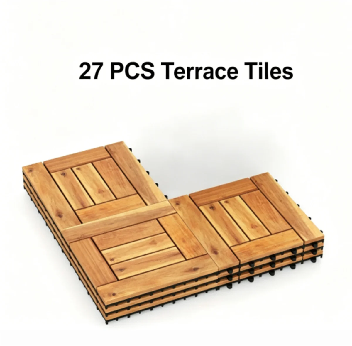 27PCS Interlocking Deck Tiles, Natural Acacia Wood Waterproof Floor Tile with Drainage Base, Anti-Slip Snap Flooring for Patio Balcony Bathroom