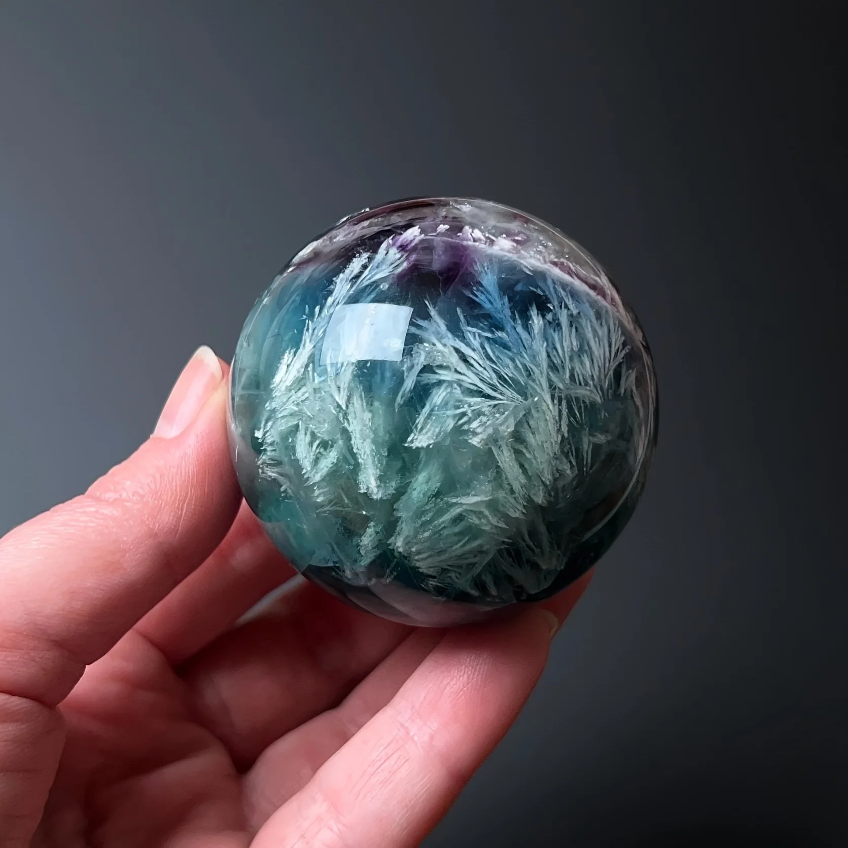 Natural Feather Fluorite Sphere, Snowflake Quartz Crystal Fluorite Ball, Stunning Fluorite Ball, Crystal Sphere