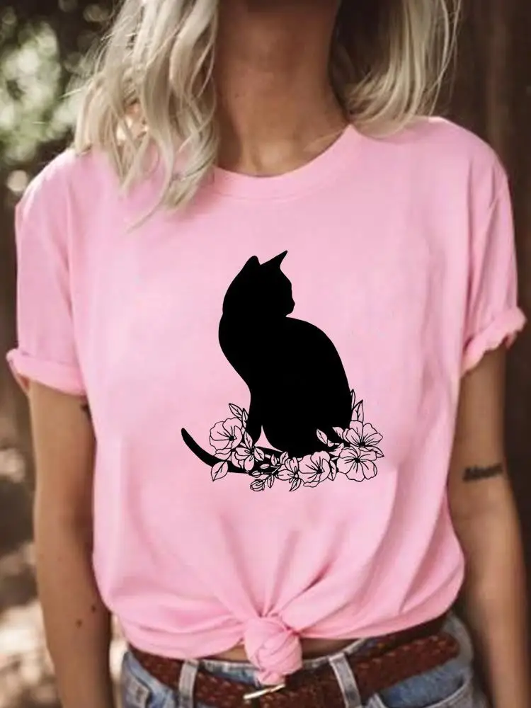 Flower Cat Trend Cute Sweet Casual Short Sleeve T Clothes Clothing Graphic Tee Ladies Fashion Female Women Print T-shirts