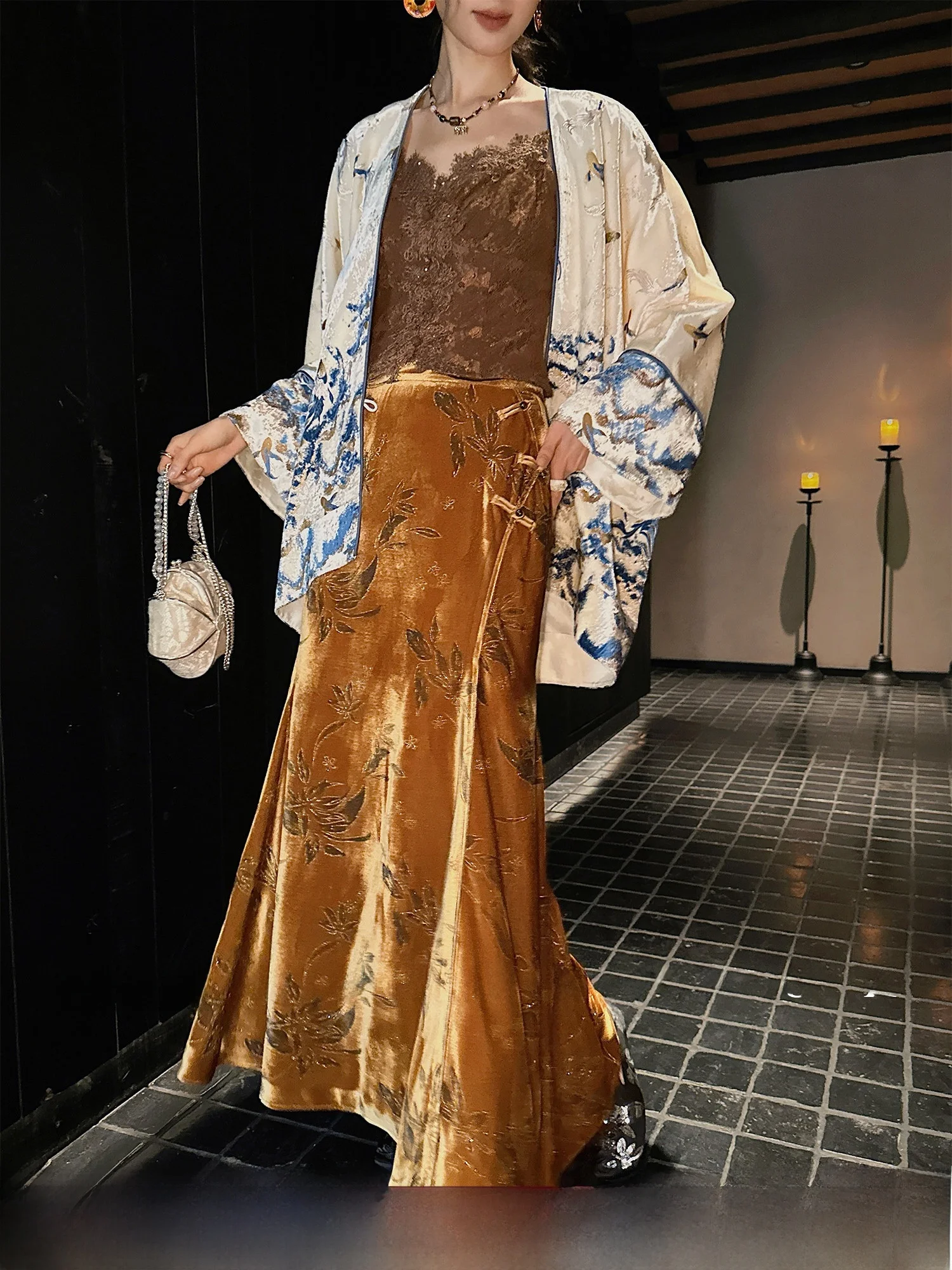 

Юбка Sanji Bla Flower 92 Sles 28 Day Danuo с жемчужным блеском и золотым бархатом, в корейском стиле, для повседневной носки, Coo...