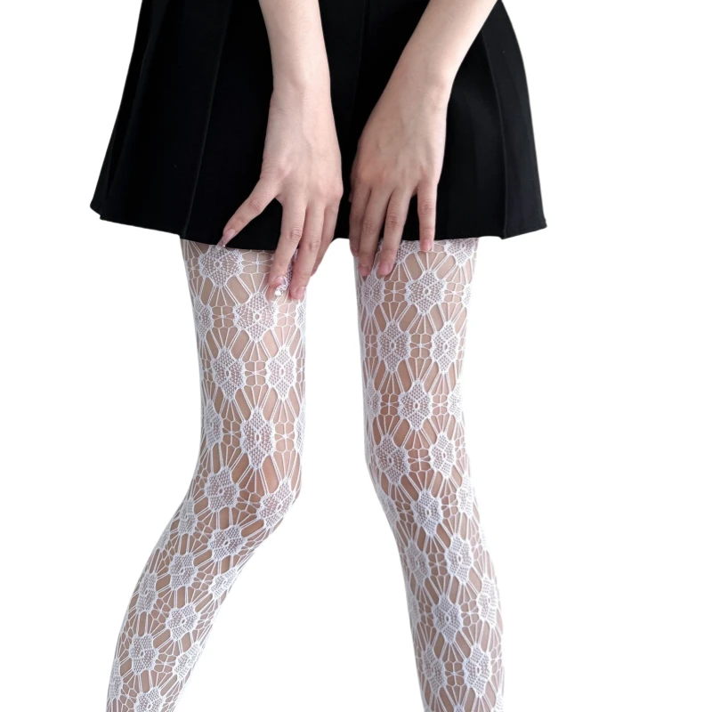 Fashion Y2K Women's Six-leaf Large Flower Patterned Fishnet Tights Net Flower Repetitive See-through Lace Pantyhose Black White