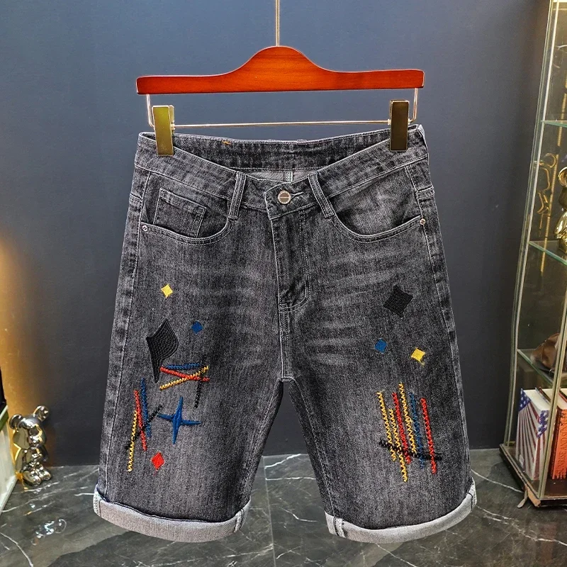 Pop Embroidered Denim Shorts Men Summer New Fashion Streetwear Star Print Straight Slim Elasticity Bermuda Short Pants Male Jean