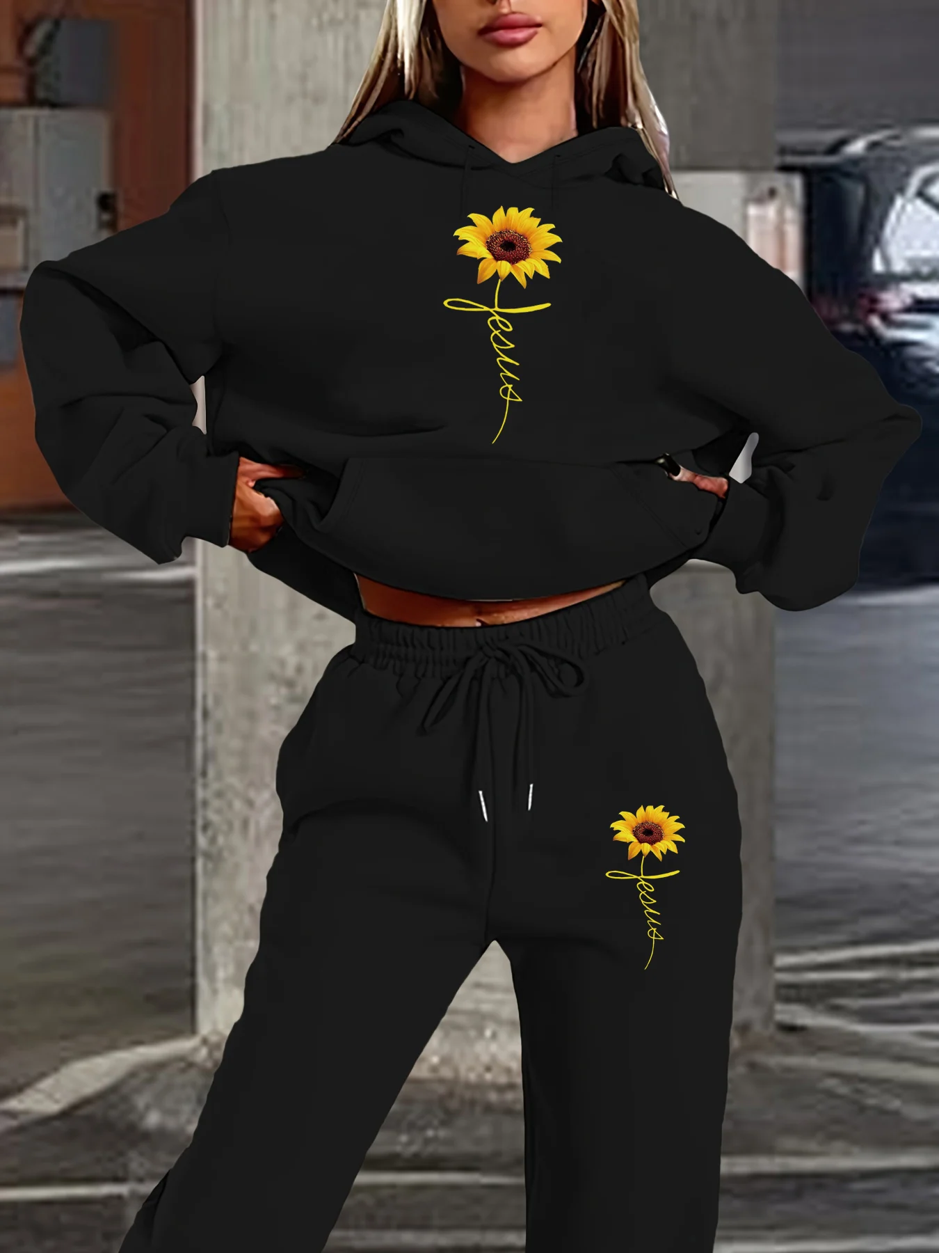 Women's autumn and winter fashionable casual sunflower cross print with thick fleece and warm hooded sweatshirt+sports pants set