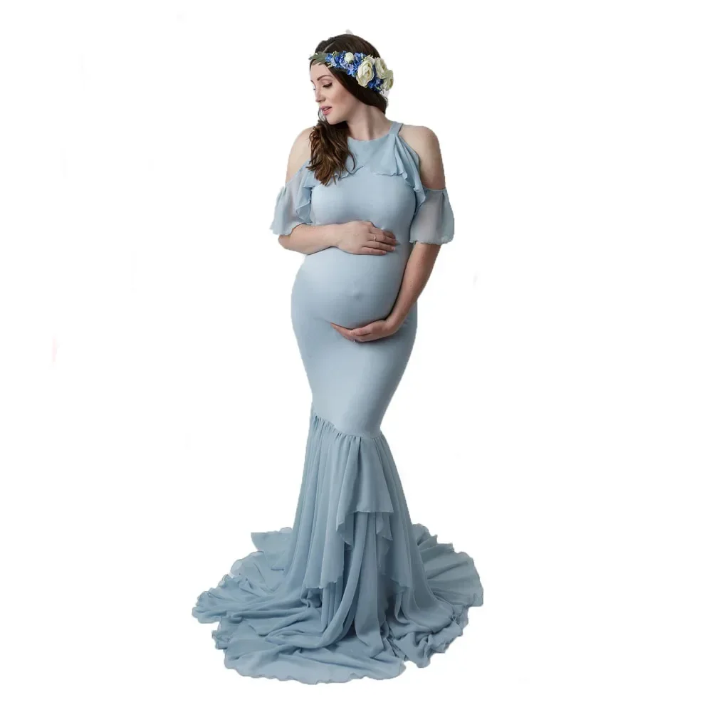 Women Pregnants Maternity Dress Photography Props Ruffles Off Shoulder Maternity Solid Dress for photo shoot