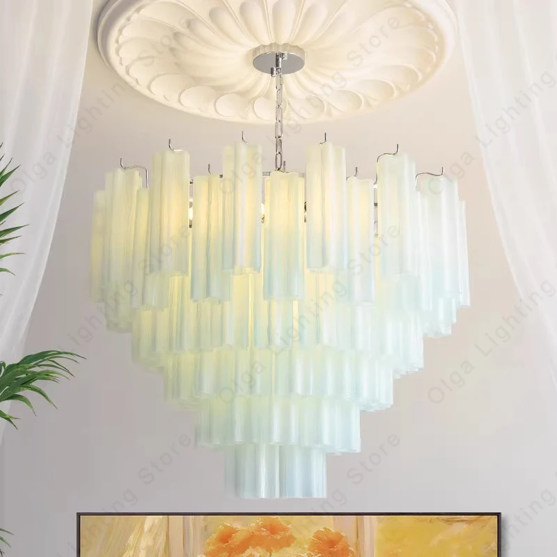 Light Blue Glass Ceiling Pendant Light Big, Elegant Home Decor 2026 French Style Lighting Chrome Dimmable Lampen Lustres