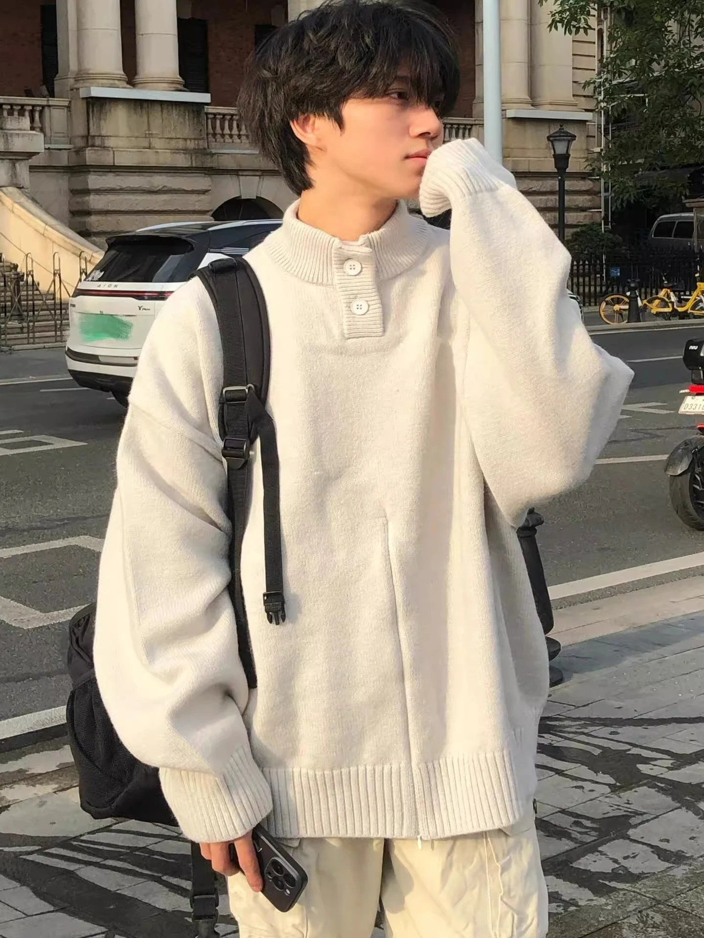 

Soft Cozy Men's Zipper Design Lazy Knitted Sweater f High Collar American Sle Couple's Faion Ciwalk Casual Wear