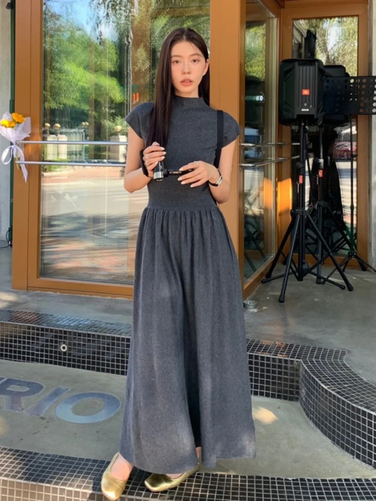 Early Autumn High-End Women's Suit Set Black Retro  Half High Collar Short Sleeve Inner Long Dress Fashionable Two-Piece