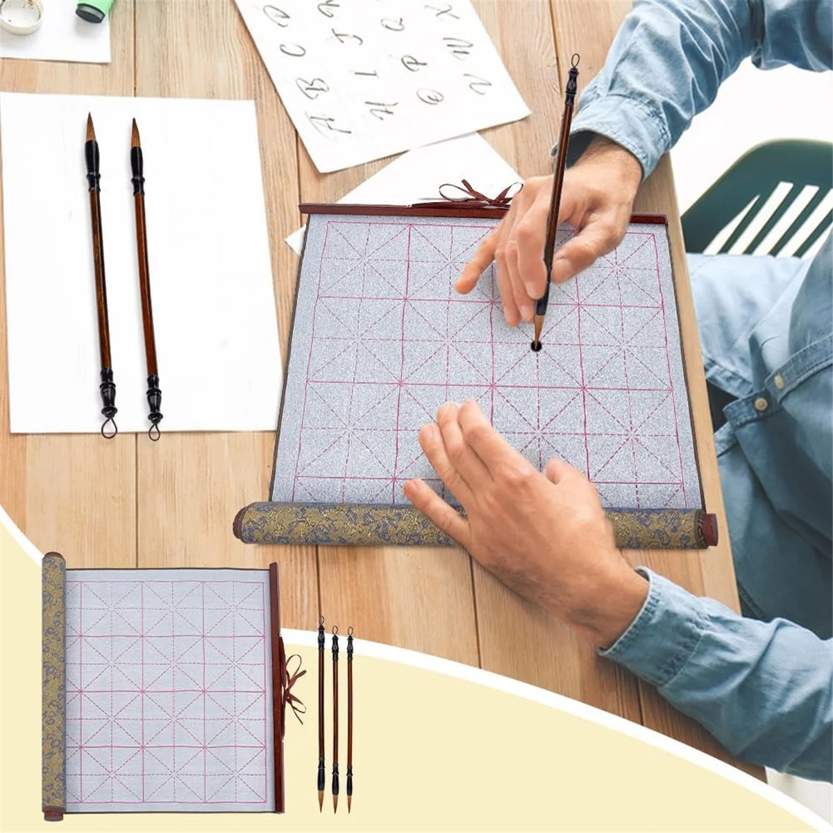 Gfc-Reusable Water Writing Magic Cloth Inkless Chinese Calligraphy Set of 3 Traditional Calligraphy Writing Brush Pens Set 2