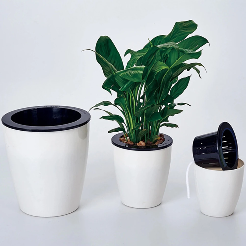 

Automatic Self Watering Flower Pot Round Planter White Plastic Indoor Plants Lightweight Durable Portable Garden Decor Plant