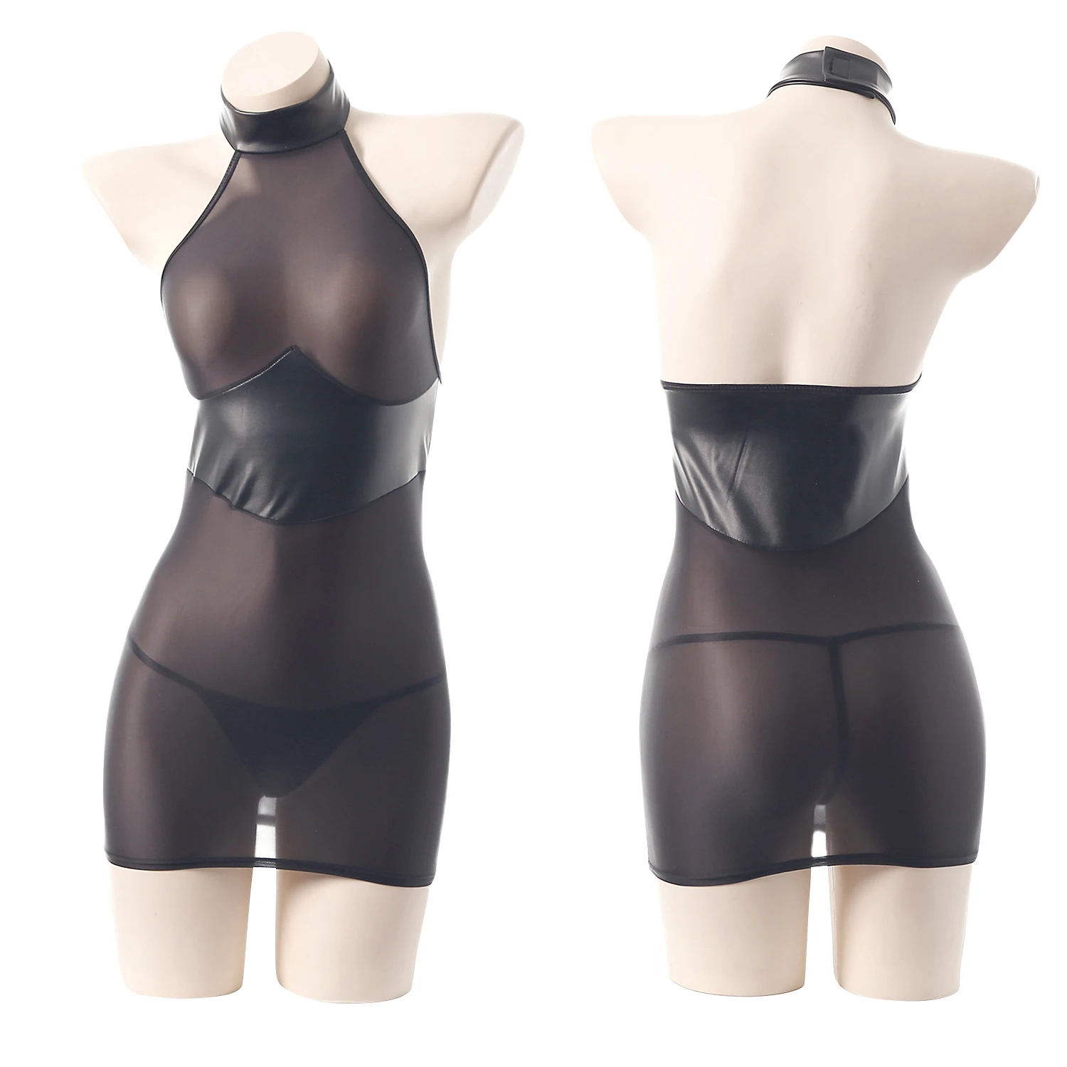 

Summer Sexy Dress Women Bodycon Mini Dress PU Patchwork Walk Away Sheer See Through Tight Black White Dress for Women Nightclub