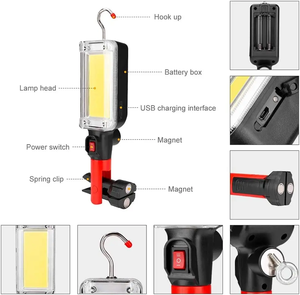 Imagem -02 - Usb Recarregável Cob Work Light Lanterna Led Portátil Ajustável 2mode Design Impermeável Ímã Lanterna de Acampamento 18650 pc Pcs Pcs