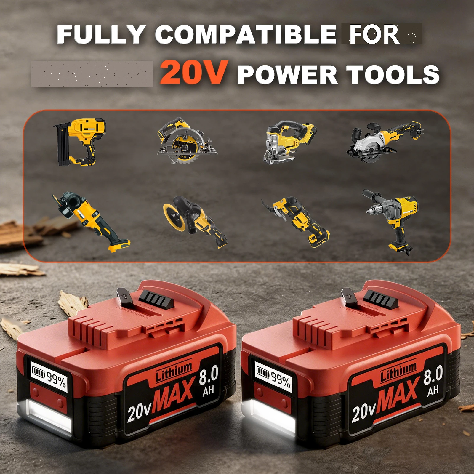 Turpow DCB200 8.0A Replacement Battery For Dewalt 18-20V DCB203 DCB204 DCB205 DCB609 Power With Type-C PD Powering Power Bank