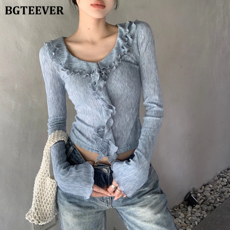 BGTEEVER Chic Ruffles Long Sleeve Female Slim Pullovers Tees Spring Summer Stylish Women Tops Fashion O-neck Ladies T-shirts