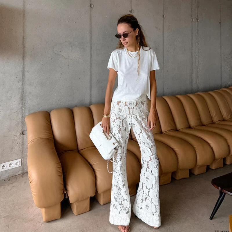 

Lace White Jacquard Perspective High Waist Casual Bell-bottoms 2025 Spring Fashion Street Girls Pants