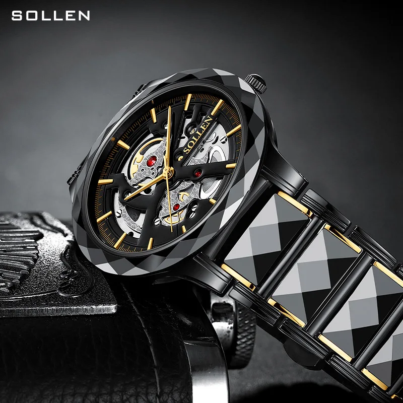 SOLLEN Fashion Skeleton Dial Luxury Brand Men Business Watch 30M Waterproof Black Stainless Steel Strap Relogio Masculino SL207