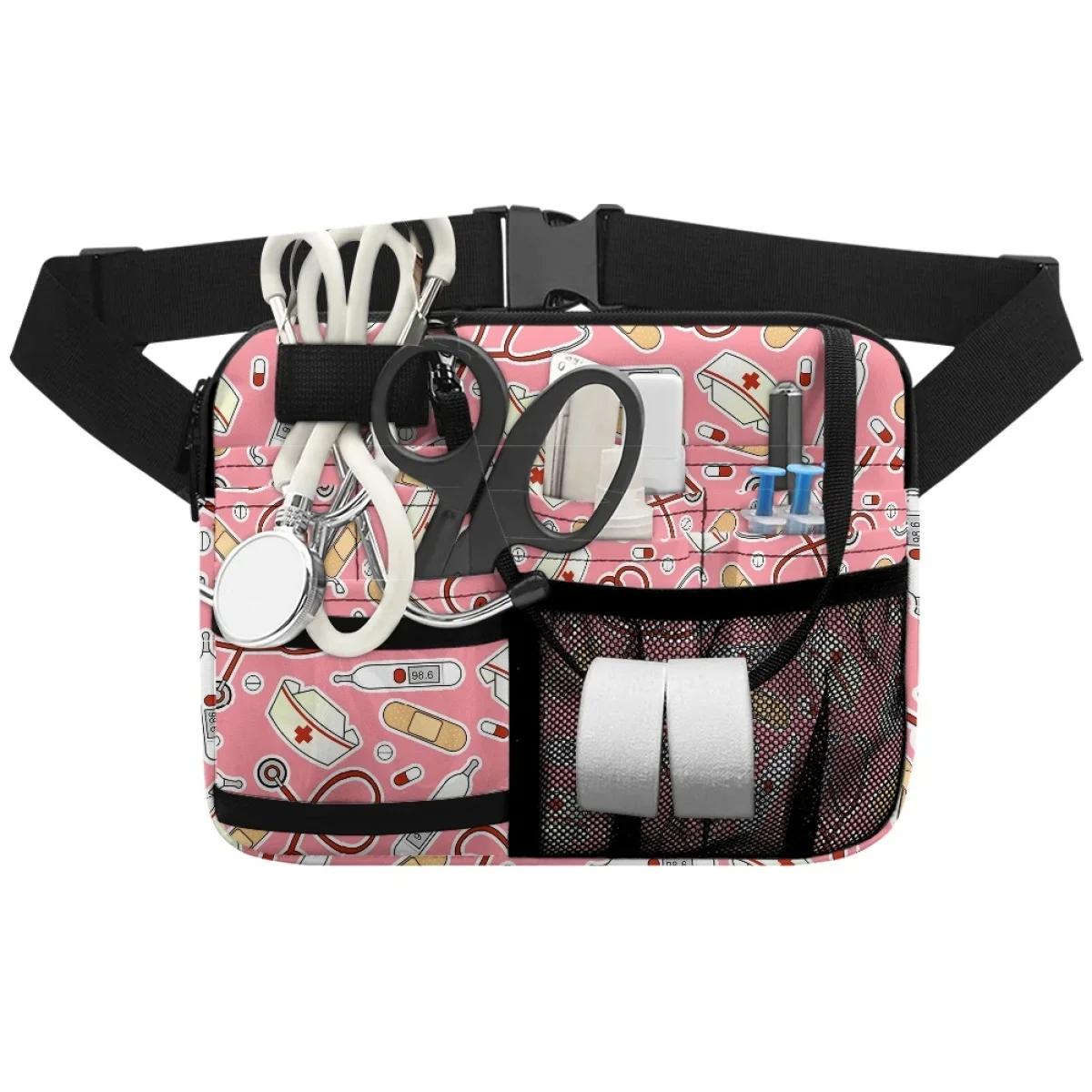 Ombro ajustável Pink Fanny Pack, Padrão de ferramentas médicas, Sacos de cintura, Organizador, Zíper, Armazenamento de cinto, Desenhos animados