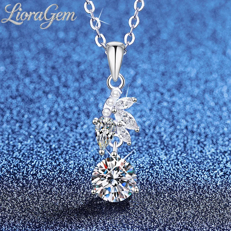 

LioraGem Mini Pearl Versatile Leaf Diamond-Studded Pendant Necklace, Unique 1-Carat Moissanite Necklace Platinum PT950 Stamp
