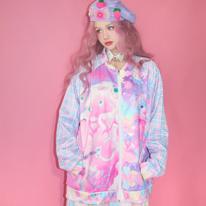 

Harajuku Street Fashion​​ Y2k Baseball Jacket Women's Loose Decora Kawaii Cute Cartoon Printed Casual Coat Sportswear Streetwear