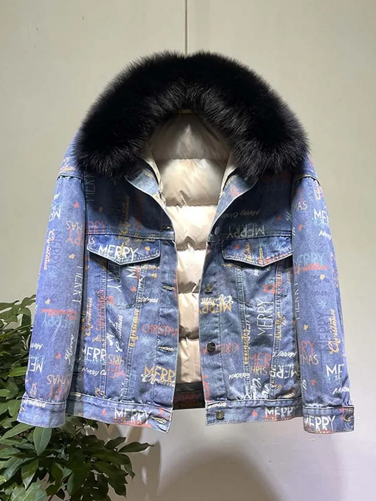 الشتاء النساء الدافئة فضفاضة تناسب أسفل الدنيم سترة الثعلب الفراء طوق واحدة الصدر ملابس خارجية معاطف سميكة مطبوعة سيدة الموضة معطف #5