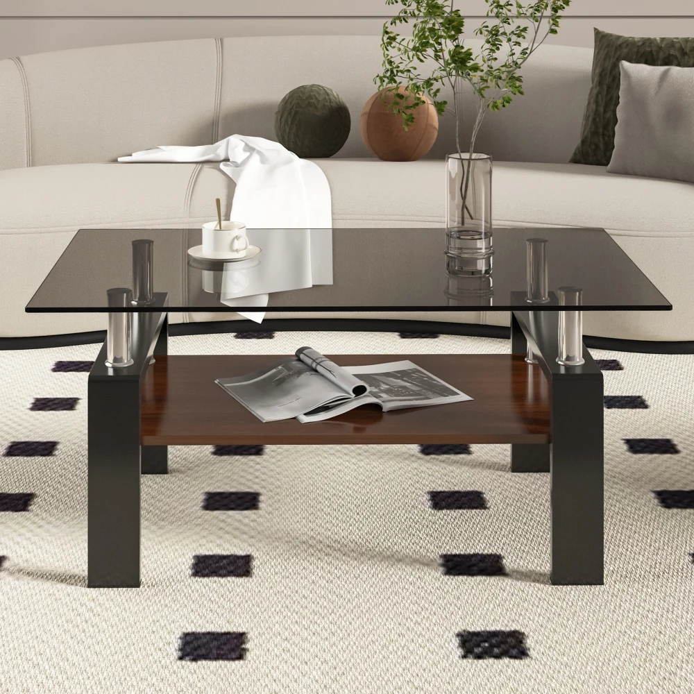 Rectangle Coffee Table, Tempered Glass Tabletop with MDF Layer, Modern Table for Living Room Center Gray Glass Café Furniture