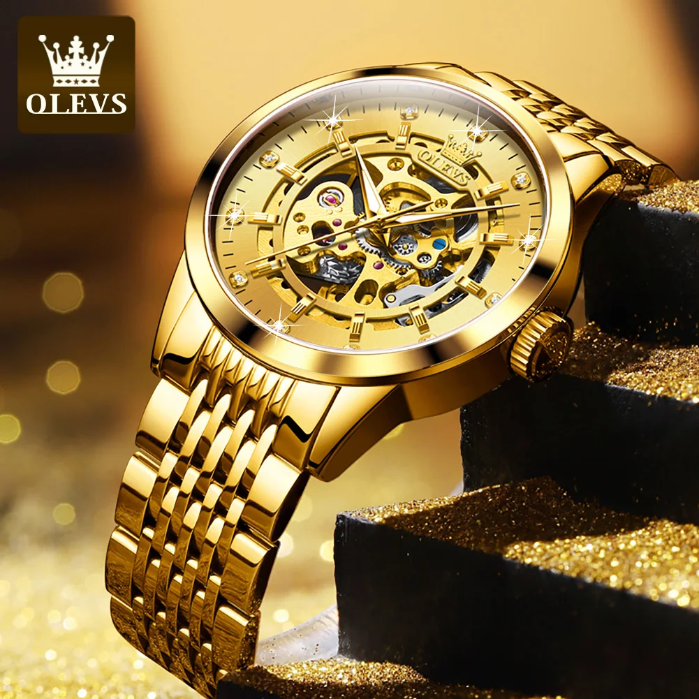 OLEVS Luxury Brand Gold Skeleton Automatic Mechanical Watch Fashion Business Stainless Steel Waterproof Luminescent Men\'s Watch