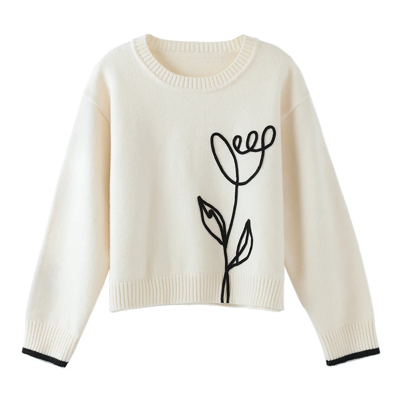 ALXNAN 여성용 살구색 스웨터 3D 튤립 자수 스웨터 크루넥 풀오버 2026 봄 캐주얼 긴팔 점퍼 L50912