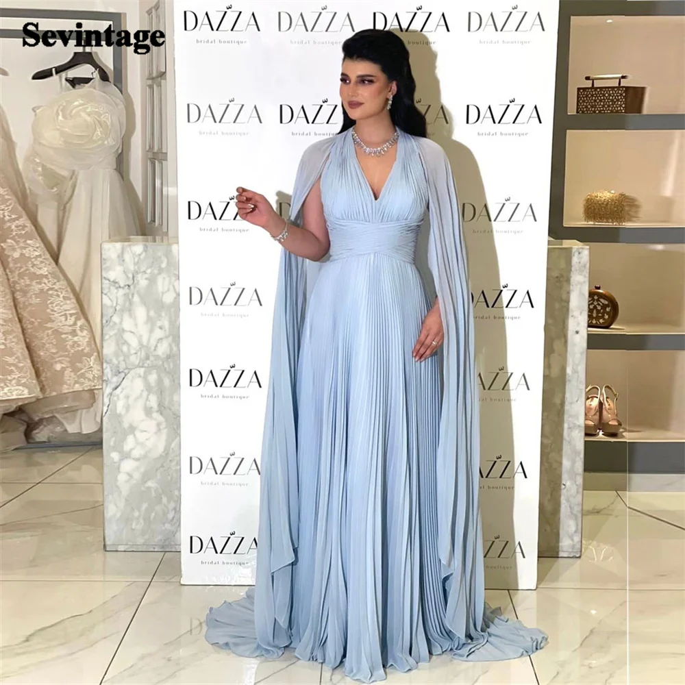 Sevintage Baby Blue szyfonowa saudyjska arabska długie sukienki balowe peleryna rękawy formalne suknia wieczorowa dubajskie damskie sukienki na